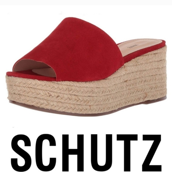 Schutz Red Suede Slide Espadrille Wedge Sandals - Picture 9 of 9